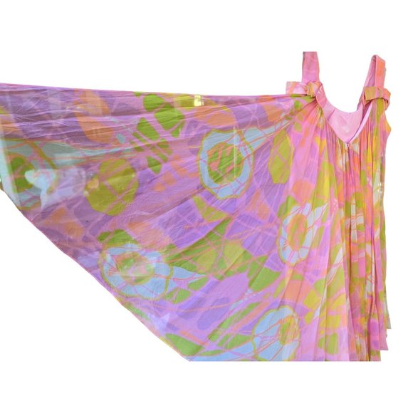 Dress 1960-75 Go Go Union Made Pink Green Psychedelic Bows Flowy - Picture 5 of 15